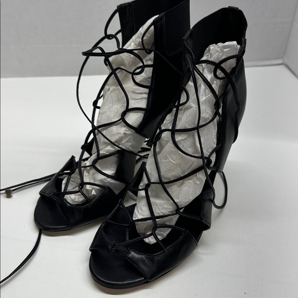 Jimmy Choo Heels Caged Lace Up Open Toe High Heeled Shoes Leather Black Size 7.5 - Picture 2 of 11